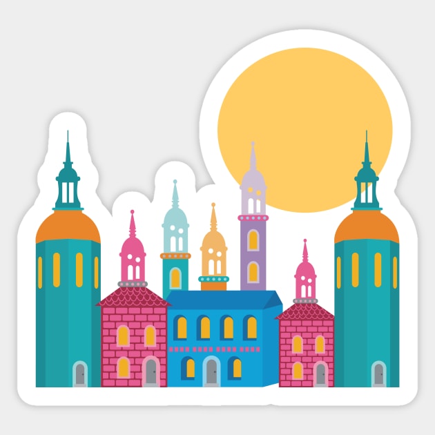 Fantastic City of Towers Under the Moon Sticker by evisionarts